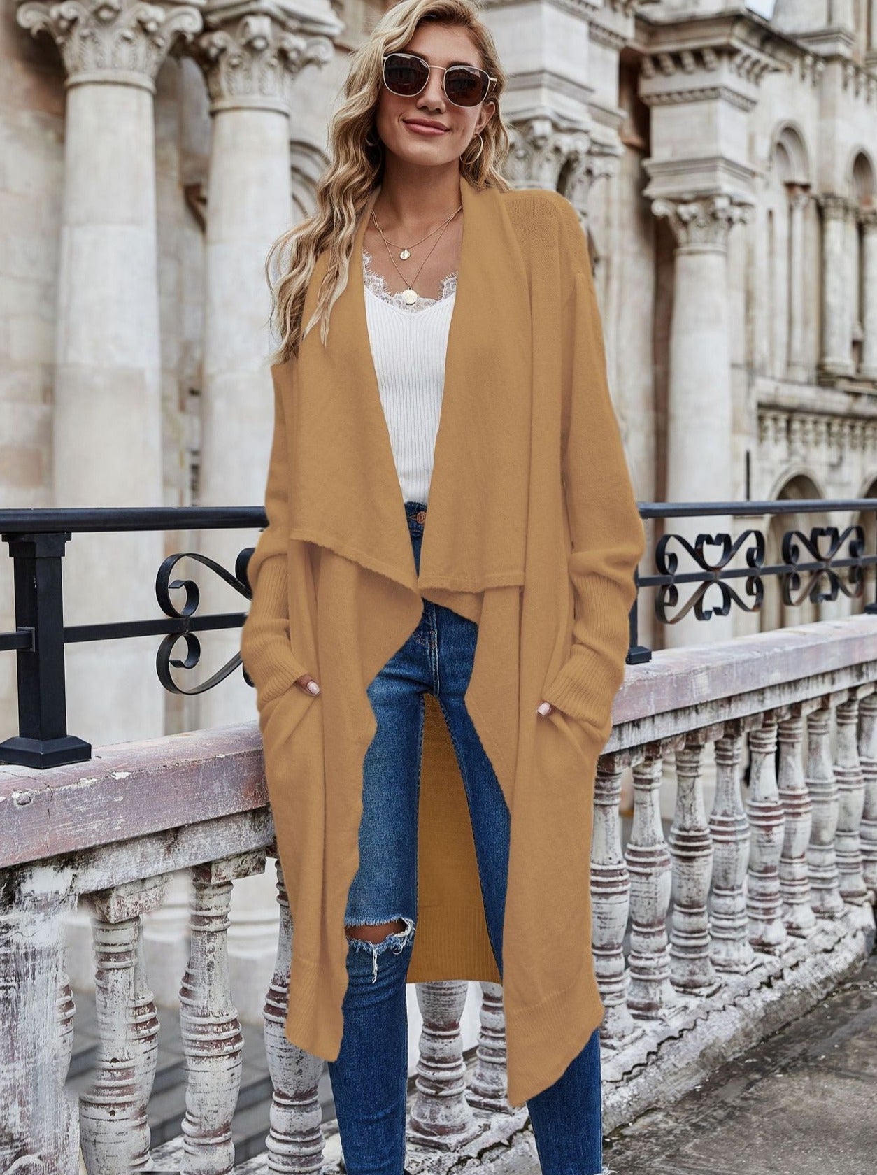 Fashion temperament OL Tongle Big lapel knitted long Trench coats