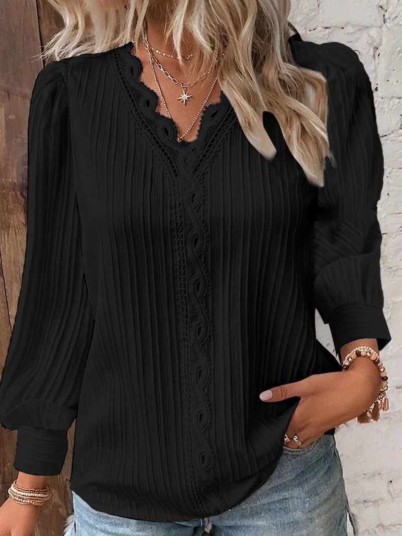 Fashion Pure Hollow out Lapel Long sleeve Blouses