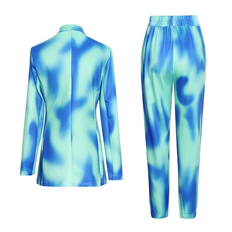 Double-breasted printed suit + elastic pants