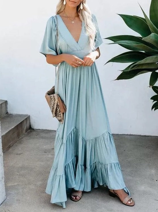 Fashion vacation bohemia Short sleeve V neck women maxi dresses