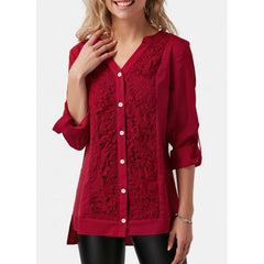 Stylish Elegant Lace Gored V neck Long sleeve Blouses