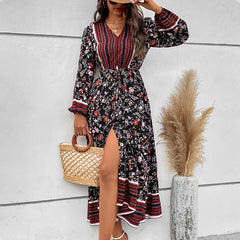 Puff Sleeves Print Split Dress