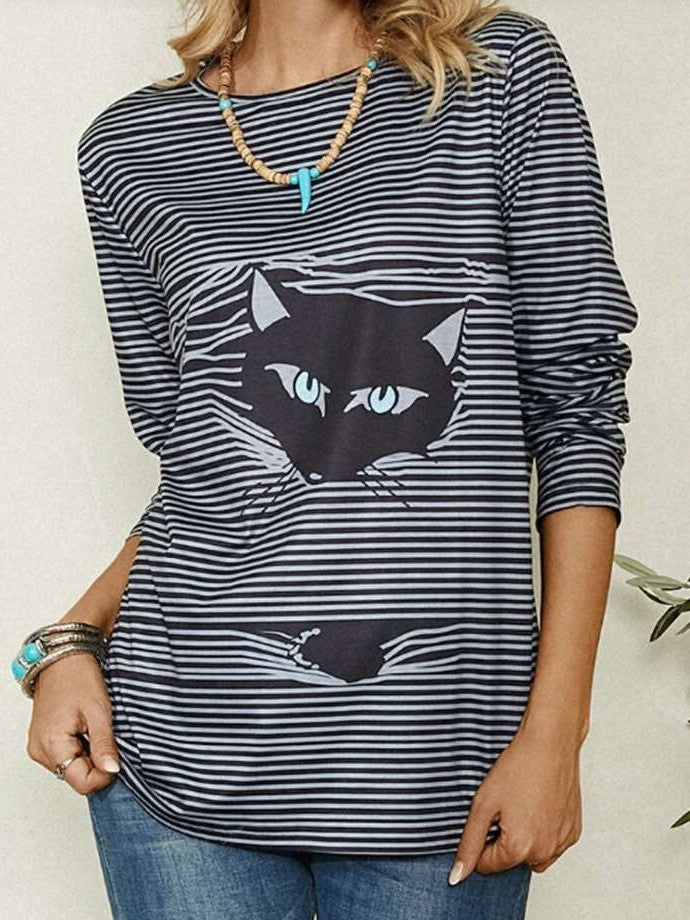 Stripe Cat print Round neck Long sleeve Plus T-Shirts