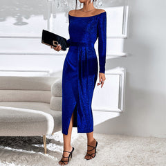 Sequins Off Shoulder Slit Dress