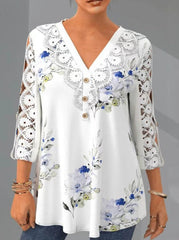 V neck Hallowe Out Three quarter sleeve Blouses