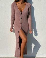 Knit ribbed button long-sleeve cardigan dresses sweater maxi dresses