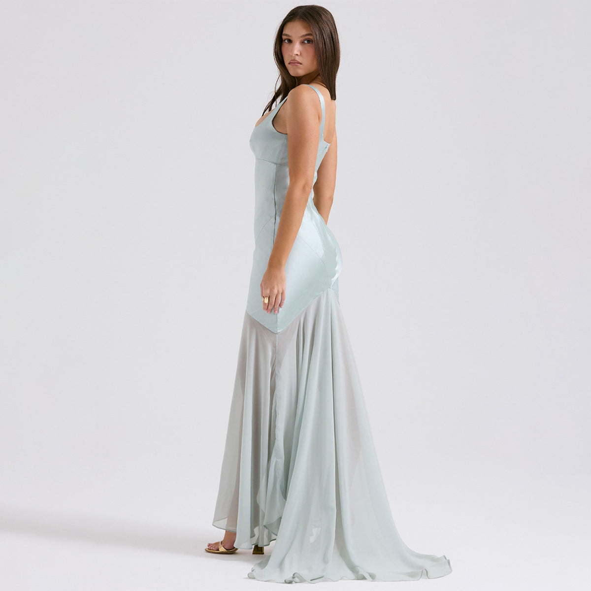 Chiffon-skirt Satin Maxi Dress