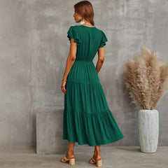 V neck button design plain color women big hem maxi dresses