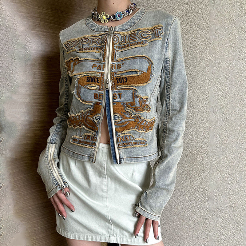 American retro embroidered denim jacket