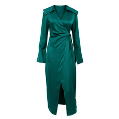 Suit collar long skirt thin green maxi dresses