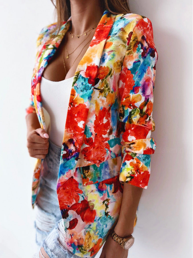 Fashionanble women floral printed big lapel casual coats blazers