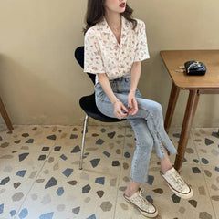 Fashion Print Lapel Short sleeve Blouses
