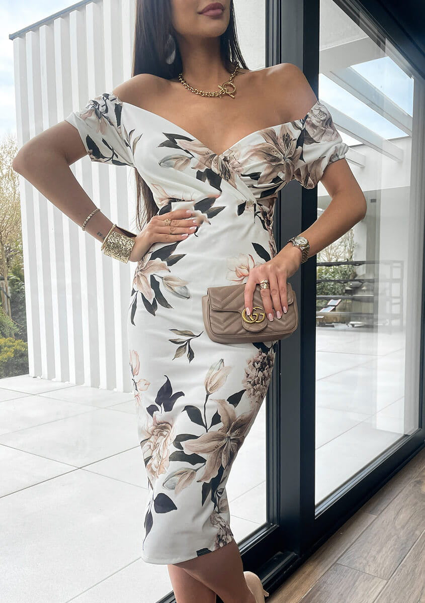 Fashionable Summer V-Neck Sexy Big flower printed off shoulder Bodycon Dresses