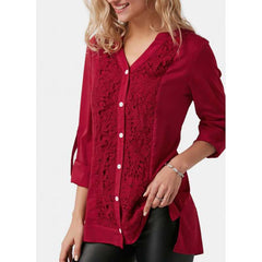 Stylish Elegant Lace Gored V neck Long sleeve Blouses