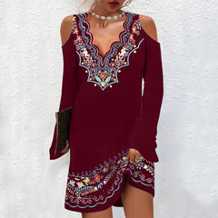 Fashion v neck off shoulder printed long sleeve Shift Dresses