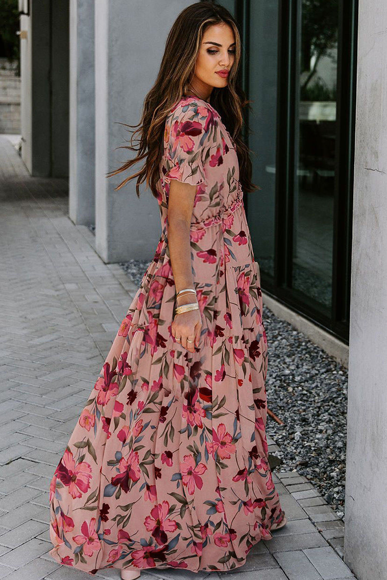 Floral V-Neck Short Flounce Sleeve Dress