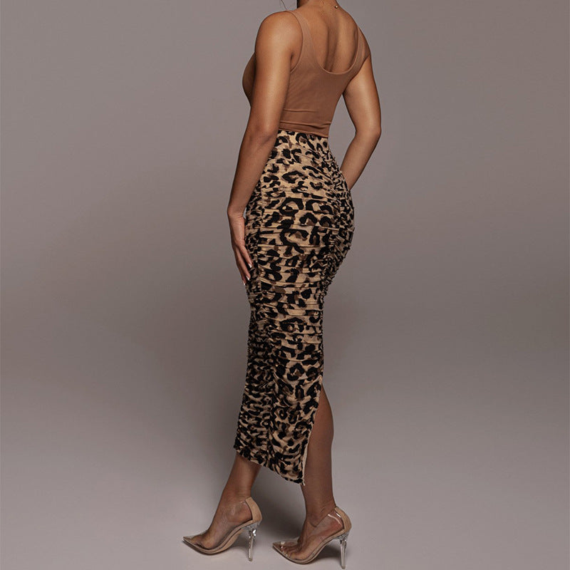 Pleated Split Leopard Print Skirt