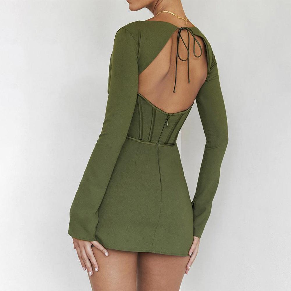 Long-sleeved fish bone waist slim backless dress