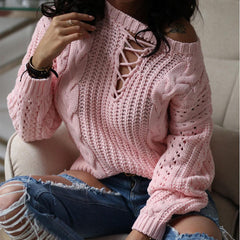 Stylish round neck tie design plain women long sleeve sweaters