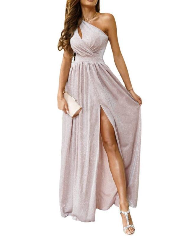 Fashionable one off shoulder glittering sexy hollow slit evening dresses