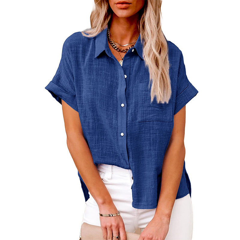 Women's Blouses Solid Lapel Button Short Sleeve Blouse