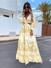 Fashion women's spring & autumn new printed V-neck long-sleeved temperament maxi dresses