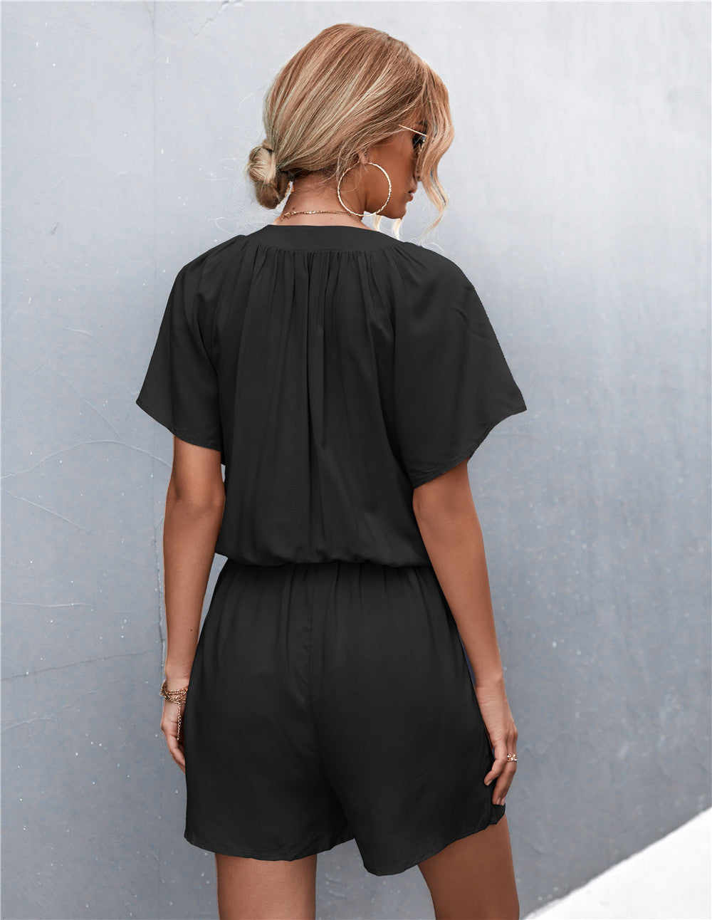 Stylish women round neck plain short sleeve jumpsuits