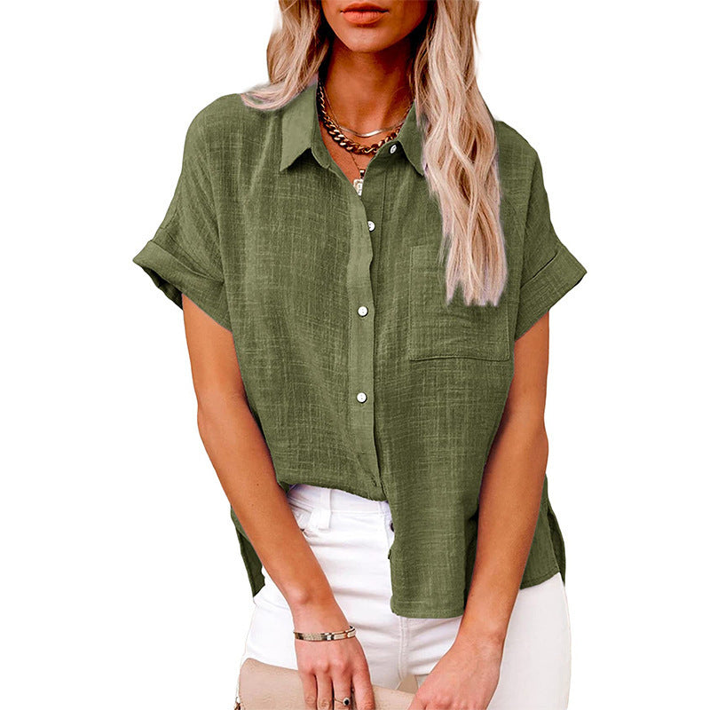 Women's Blouses Solid Lapel Button Short Sleeve Blouse