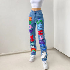 High Waist Print Graffiti Jeans