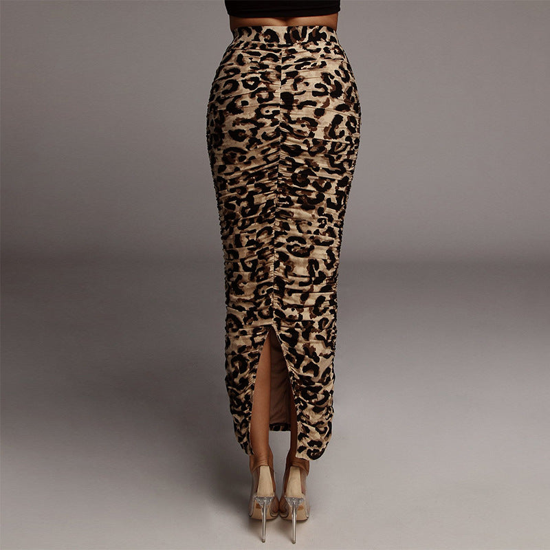 Pleated Split Leopard Print Skirt