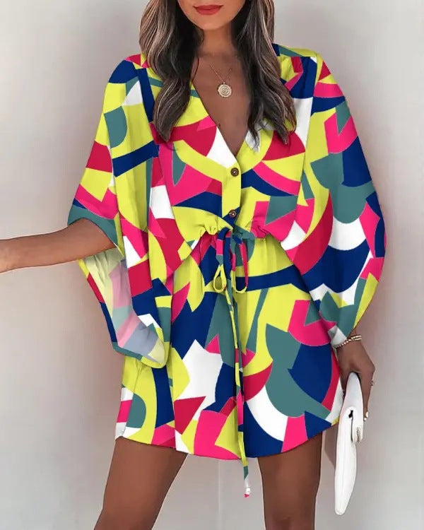 Flying sleeves printed beach dress