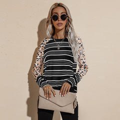 Long-sleeved striped t-shirt women's round neck loose short top