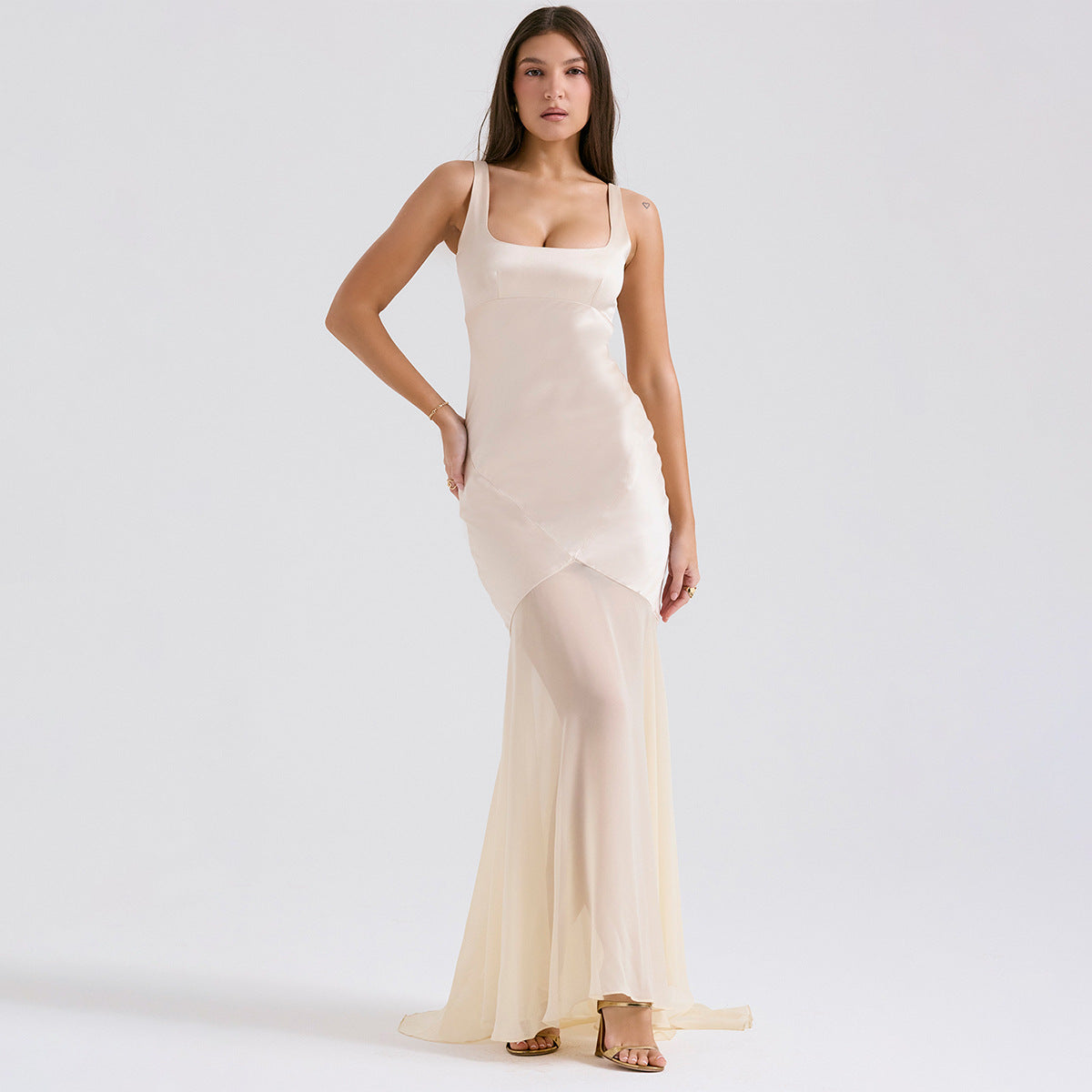 Chiffon-skirt Satin Maxi Dress