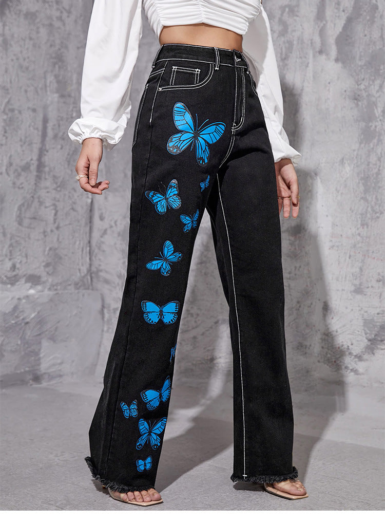 Blue Butterfly Straight Jeans