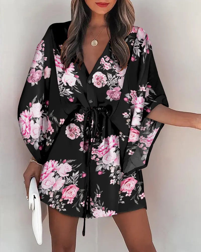 Flying sleeves printed beach dress