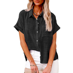 Women's Blouses Solid Lapel Button Short Sleeve Blouse