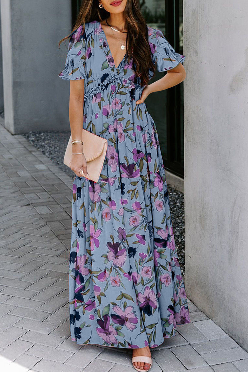 Floral V-Neck Short Flounce Sleeve Dress