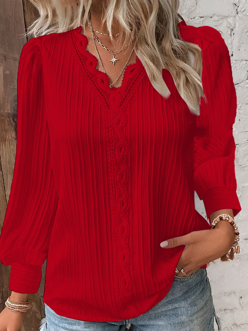 Fashion Pure Hollow out Lapel Long sleeve Blouses