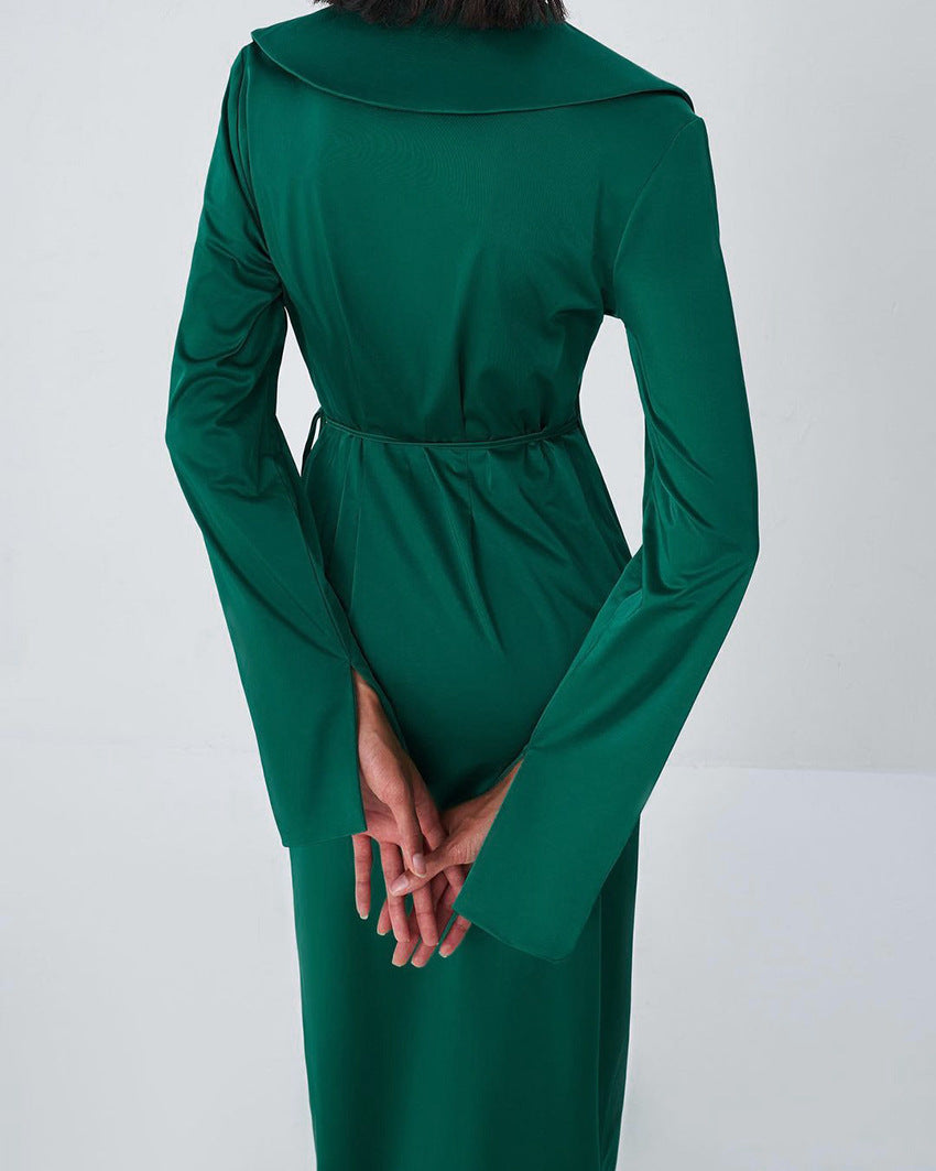 Suit collar long skirt thin green maxi dresses