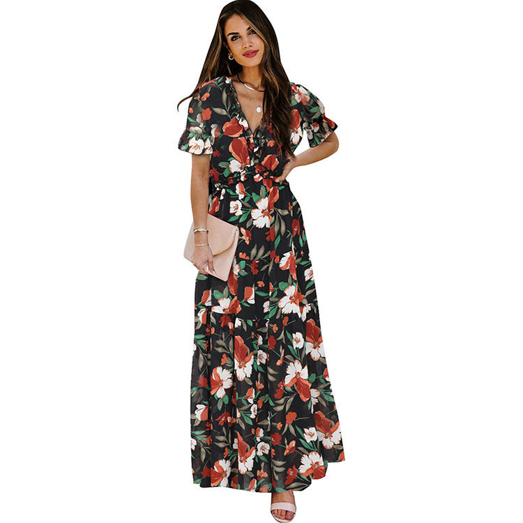 Floral V-Neck Short Flounce Sleeve Dress