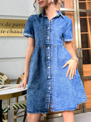 Button Down Belted Pleated Flare A-line Shirt Midi Dress