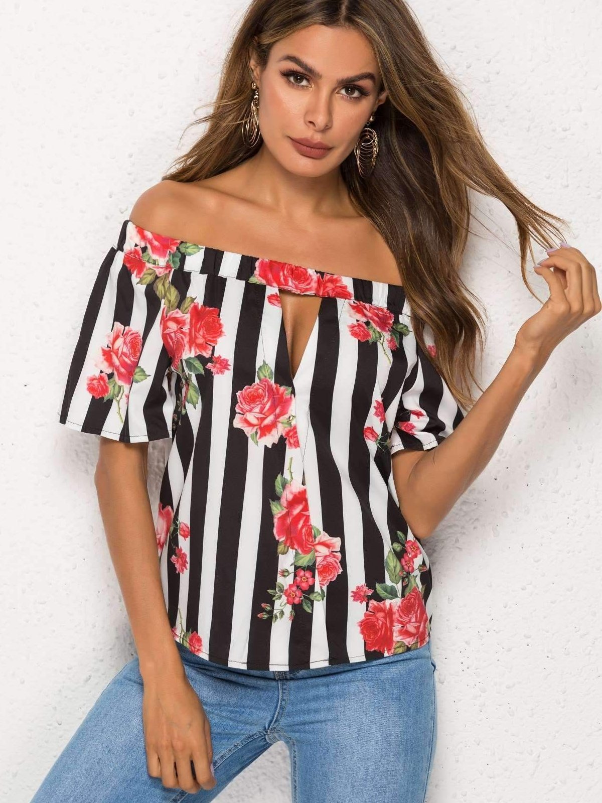 Floral Off shoulder Stripe Blouses