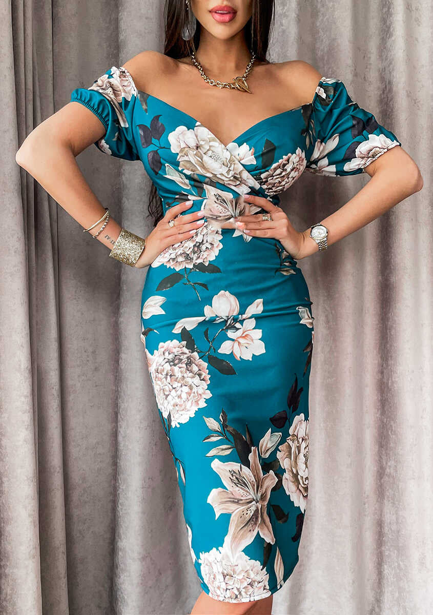 Fashionable Summer V-Neck Sexy Big flower printed off shoulder Bodycon Dresses