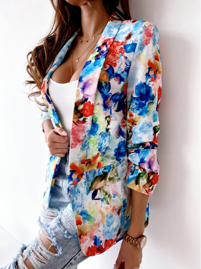 Fashionanble women floral printed big lapel casual coats blazers