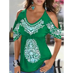 U neck off shoulder short sleeve floral women summer T-shirts