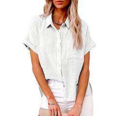 Women's Blouses Solid Lapel Button Short Sleeve Blouse