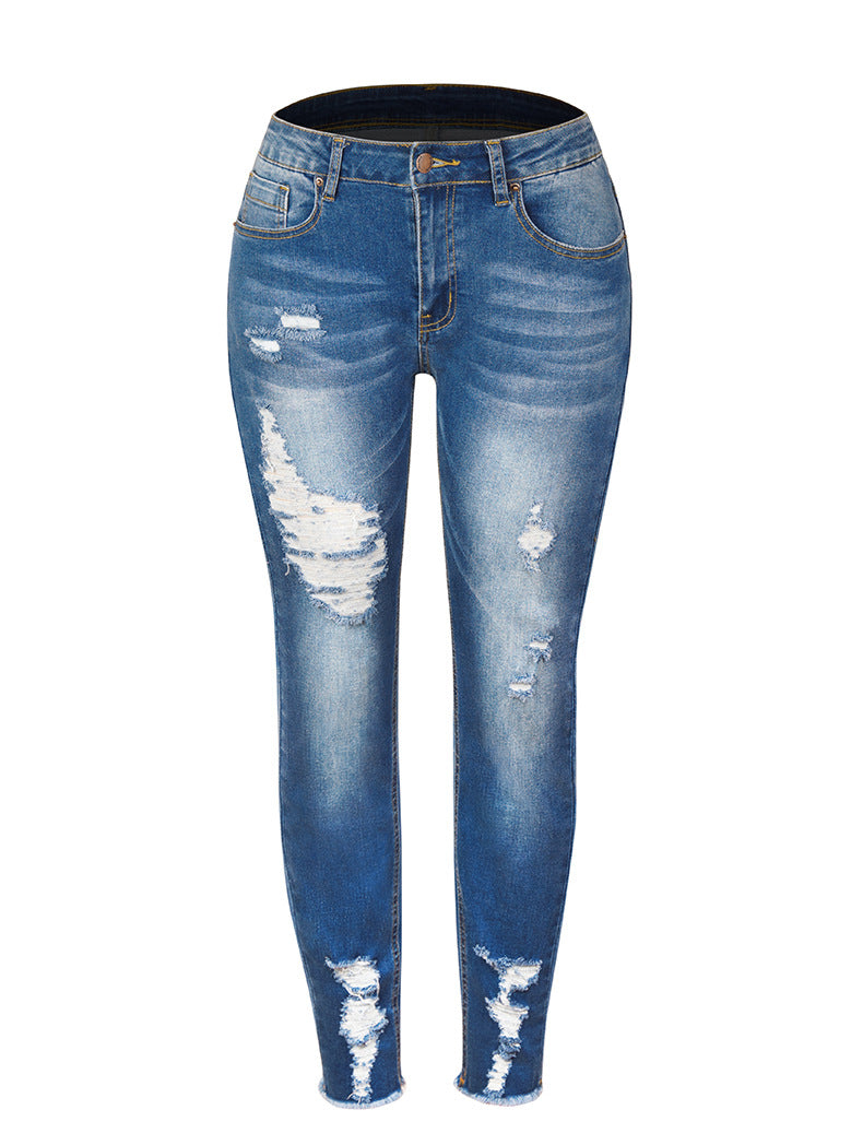 Stylish hole long denim pants jeans