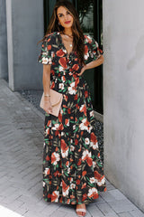 Floral V-Neck Short Flounce Sleeve Dress