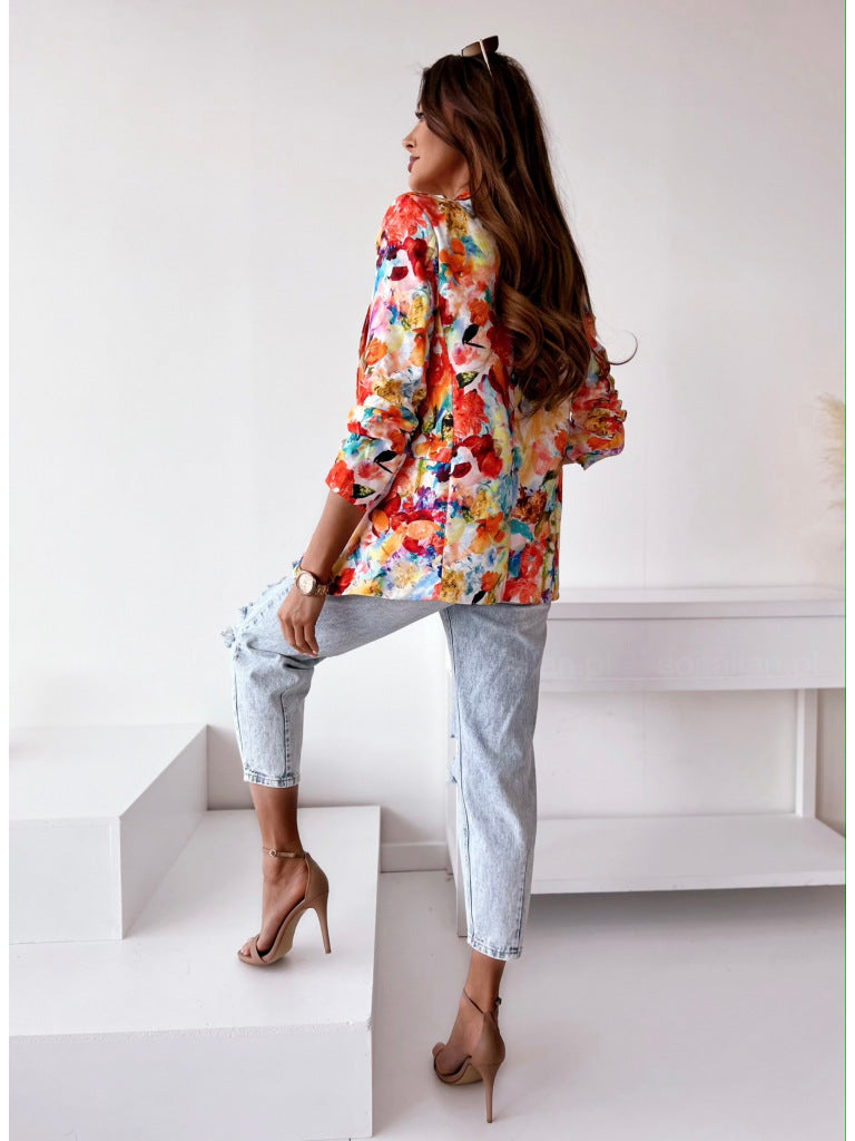 Fashionanble women floral printed big lapel casual coats blazers