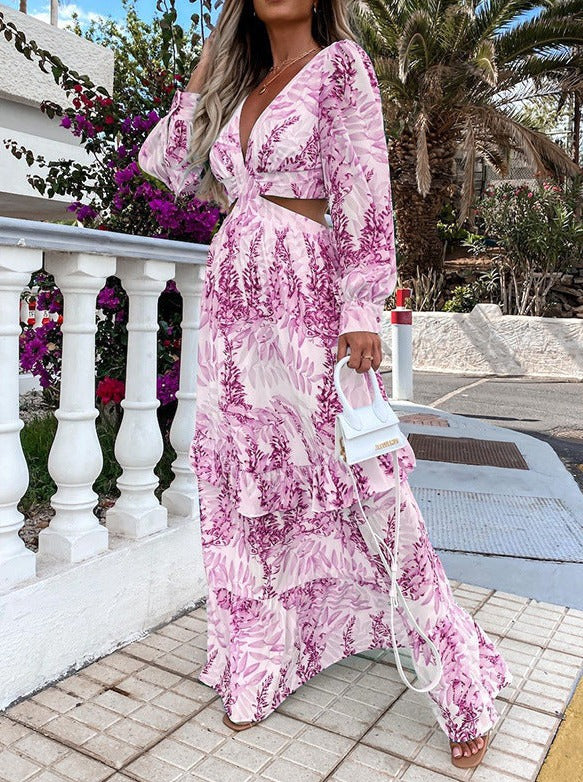 Fashion women's spring & autumn new printed V-neck long-sleeved temperament maxi dresses